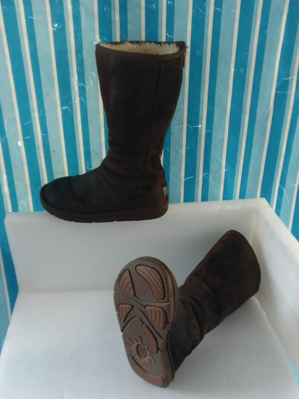 Ugg Tall Leather Upper Real Shearling Lined Boot Full Back zip 37/6us Dark BROWN